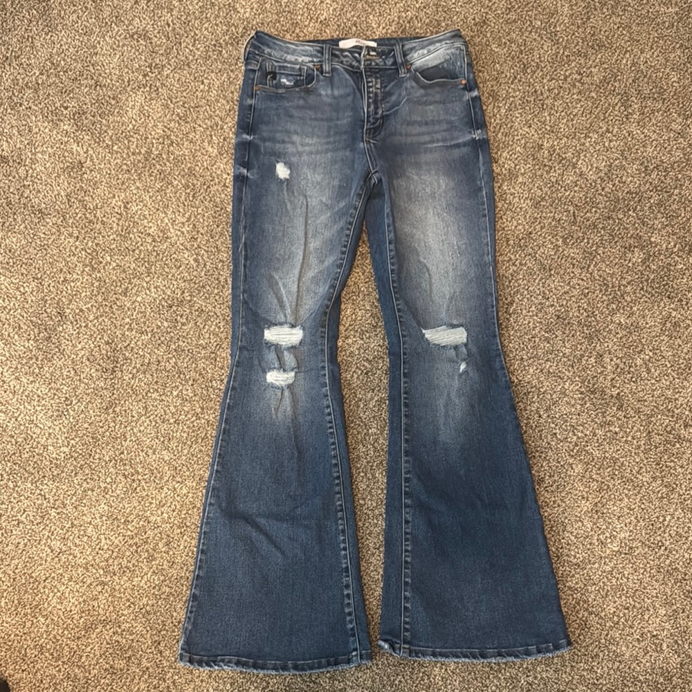 KanCan Blue Flare Wide Leg Jeans with Distressed Details
